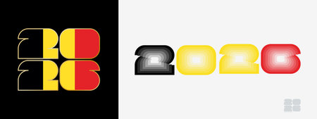 Year 2026 with flag of Belgium and in color palate of Belgium flag. Happy New Year 2026 in two...