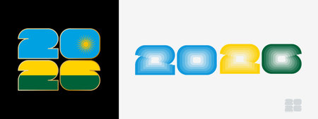 Year 2026 with flag of Rwanda and in color palate of Rwanda flag. Happy New Year 2026 in two...