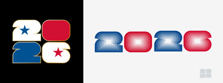 Year 2026 with flag of Panama and in color palate of Panama flag. Happy New Year 2026 in two...
