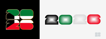 Year 2026 with flag of Kuwait and in color palate of Kuwait flag. Happy New Year 2026 in two...