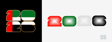Year 2026 with flag of United Arab Emirates and in color palate of United Arab Emirates flag. Happy...