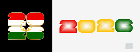 Year 2026 with flag of Tajikistan and in color palate of Tajikistan flag. Happy New Year 2026 in two...
