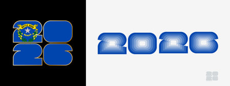 Year 2026 with flag of Nevada and in color palate of Nevada flag. Happy New Year 2026 in two...