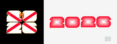 Year 2026 with flag of Jersey and in color palate of Jersey flag. Happy New Year 2026 in two...