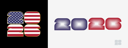 Year 2026 with flag of USA and in color palate of USA flag. Happy New Year 2026 in two different...