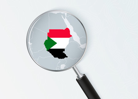 Sudan Map Under Magnifying Glass with National Flag Overlay. The image represents geographical focus, national identity, and exploration.のイラスト素材