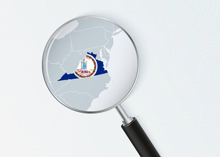 Virginia Map Under Magnifying Glass with National Flag Overlay. The image represents geographical focus, national identity, and exploration.のイラスト素材