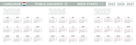 Simple calendar template in Dutch for 2025, 2026, 2027 years. Week starts from Monday. Vector illustration.のイラスト素材