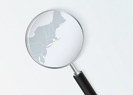 Rhode Island Map Under Magnifying Glass with National Flag Overlay. The image represents geographical focus, national identity, and exploration.のイラスト素材