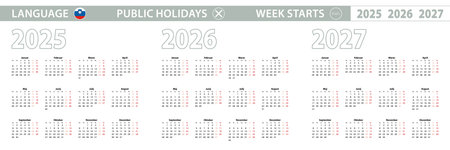 Simple calendar template in Slovenian for 2025, 2026, 2027 years. Week starts from Monday. Vector illustration.のイラスト素材