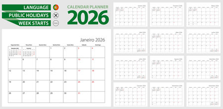 Portuguese calendar planner for 2026. Portuguese language, week starts from Monday. Vector calendar template for Brazil, Portugal, Angola, Mozambique and otherのイラスト素材