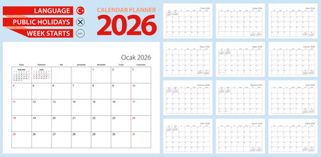 Turkish calendar planner for 2026. Turkish language, week starts from Sunday. Vector template.のイラスト素材