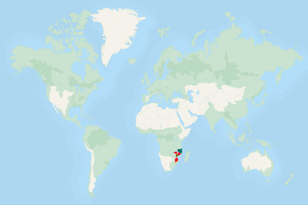 Mozambique Highlighted on World Map with National Flag. Vector world map with Mozambique highlighted using its national flag.のイラスト素材