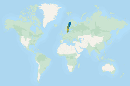 Sweden Highlighted on World Map with National Flag. Vector world map with Sweden highlighted using its national flag.のイラスト素材