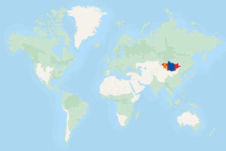 Mongolia Highlighted on World Map with National Flag. Vector world map with Mongolia highlighted using its national flag.のイラスト素材