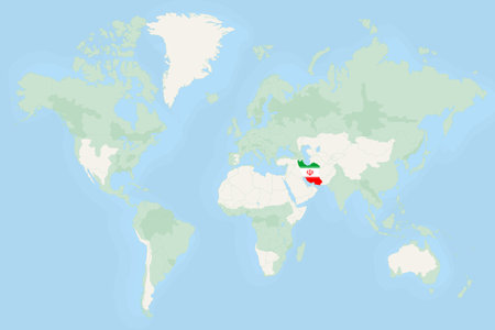 Iran Highlighted on World Map with National Flag. Vector world map with Iran highlighted using its national flag.のイラスト素材
