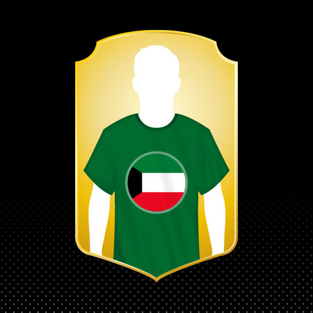 Kuwait Football Player Silhouette Card with National Flag Icon. Soccer player profile silhouette on a gold trophy card.のイラスト素材