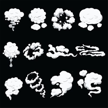 Set of smoke clouds. Vector illustration. Isolated on black background.のイラスト素材