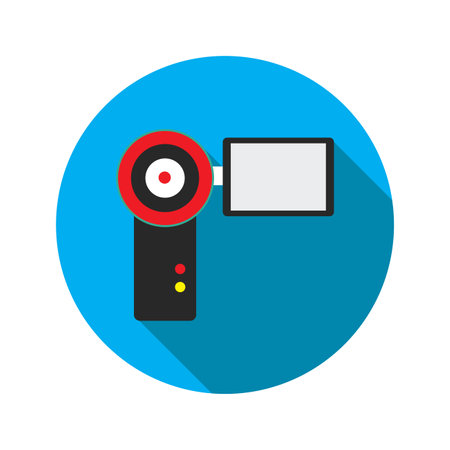 Video camera flat icon with long shadow on blue circle, vector illustrationのイラスト素材