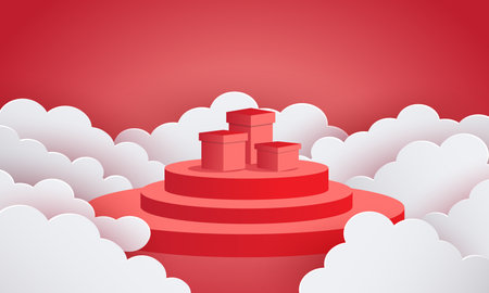 Round podium in the clouds. Vector illustration of a red podium.のイラスト素材