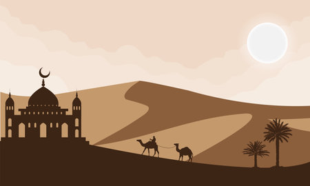 Silhouette of camel and mosque in the desert. Vector illustrationのイラスト素材