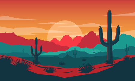 Desert landscape with cactuses and mountains. Vector illustration.のイラスト素材
