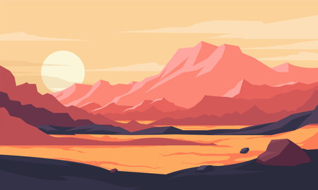 Mountain landscape with lake at sunset. Vector illustration in flat styleのイラスト素材