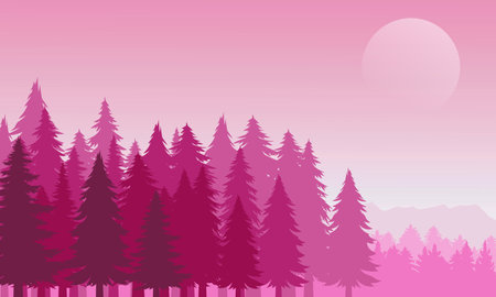 Pine forest landscape background with full moon and purple sky vector illustrationのイラスト素材