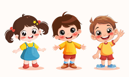 Vector illustration of Cute cartoon little boy and girl with different emotionsのイラスト素材