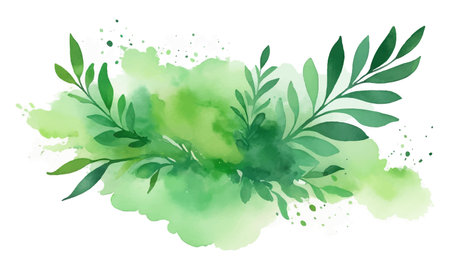 Watercolor green background with olive branch and leaves. Vector illustration.のイラスト素材