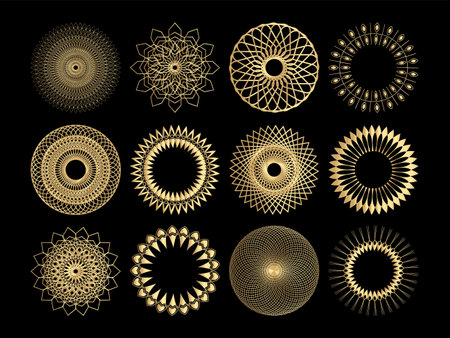 Set of golden ornamental mandalas on black background. Vector illustrationのイラスト素材