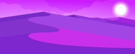 Landscape with lavender field at sunset. Vector illustration in flat styleのイラスト素材