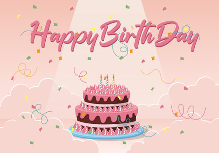 Birthday cake with candles and confetti on pink background. Vector illustration.