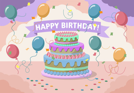 Birthday card with cake, balloons and confetti. Vector illustration