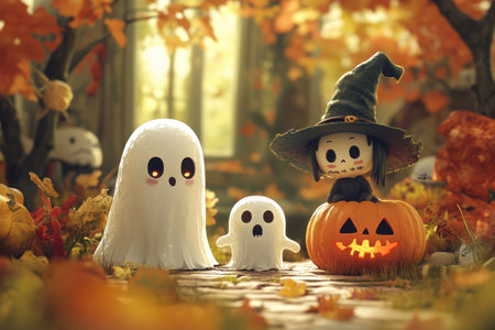 A witch, two ghosts, and a jack-o'-lantern stand in an autumnal forest setting.の素材