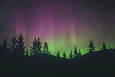 A captivating view of the aurora borealis, its green and purple lights dancing across the night sky, silhouetted by a line of dark pine trees.の素材