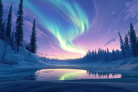 A breathtaking scene of the aurora borealis reflected in a frozen lake surrounded by snow-covered trees under a starry night sky.の素材