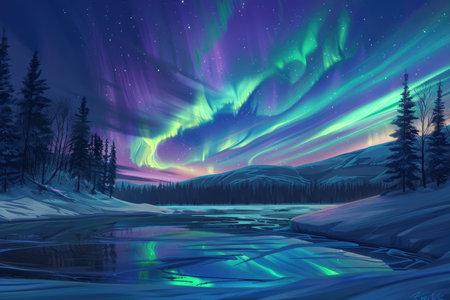 A breathtaking nighttime scene featuring the aurora borealis reflected in a frozen lake.の素材