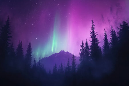 A dark forest silhouetted against a purple and green aurora borealis under a starry night sky.の素材
