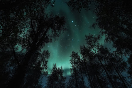 A low-angle view of a forest silhouetted against a night sky filled with stars and an aurora borealis.の素材