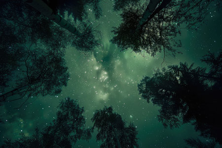 A view of the night sky with a star-filled galaxy, framed by a canopy of trees.の素材