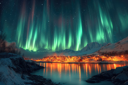 A stunning view of the aurora borealis illuminating a snowy village nestled between mountains, with reflections in a calm body of water.の素材
