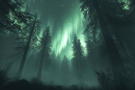 A vibrant green aurora borealis shines through the silhouette of a dense forest on a foggy night.の素材
