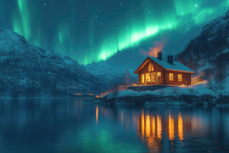 A rustic log cabin with warm lights shines beneath a vibrant green aurora borealis over a snowy mountain landscape at night.の素材