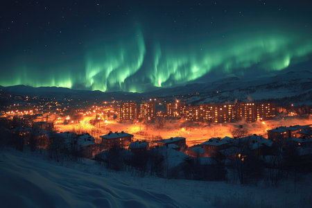 A panoramic view of a small town illuminated by streetlights with the aurora borealis dancing across the sky above snow-covered rooftops.の素材
