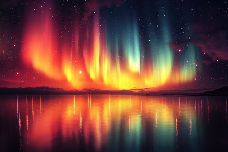 A stunning display of the aurora borealis reflected in a still body of water under a starry night sky.の素材