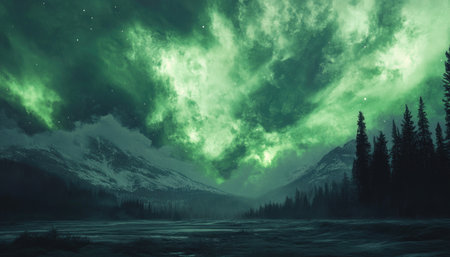 A dramatic and serene landscape of a dark forest silhouetted against a vivid green aurora borealis.の素材