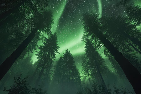 An image of a forest at night with a green sky filled with stars and a glowing aurora borealis in the background.の素材