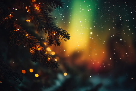 A close-up image of a pine branch adorned with warm lights against a blurred background of a night sky with bokeh.の素材
