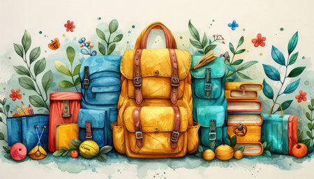 A watercolor illustration of backpacks, books, and floral elements.の素材